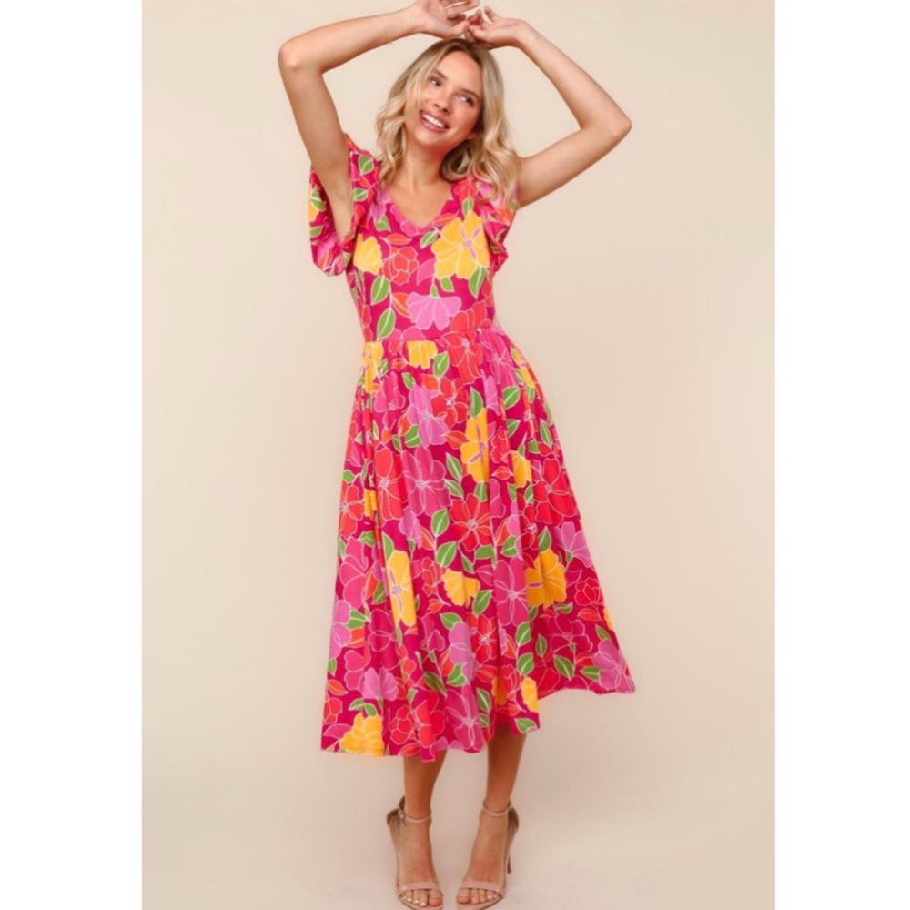 LAST 2 Soft V Neck Fuchsia/Yellow Floral Midi Dress with Folded Ruffle & Pockets - Picture 5 of 9